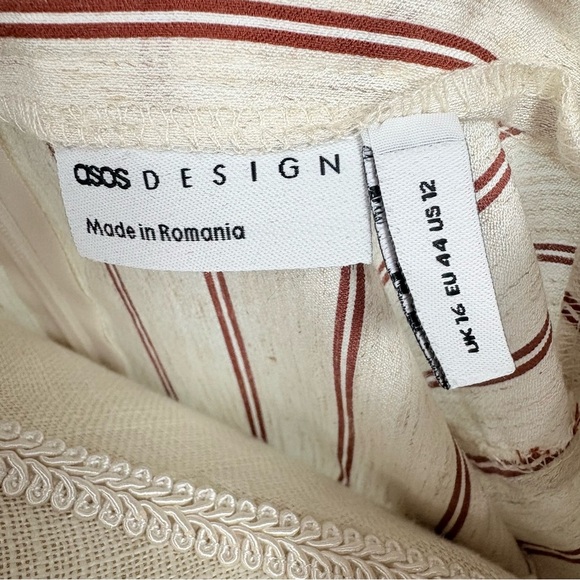 ASOS Striped Cutout Long sleeve Linen Blend Dress Cream Burgundy Sz 12 - Picture 7 of 8